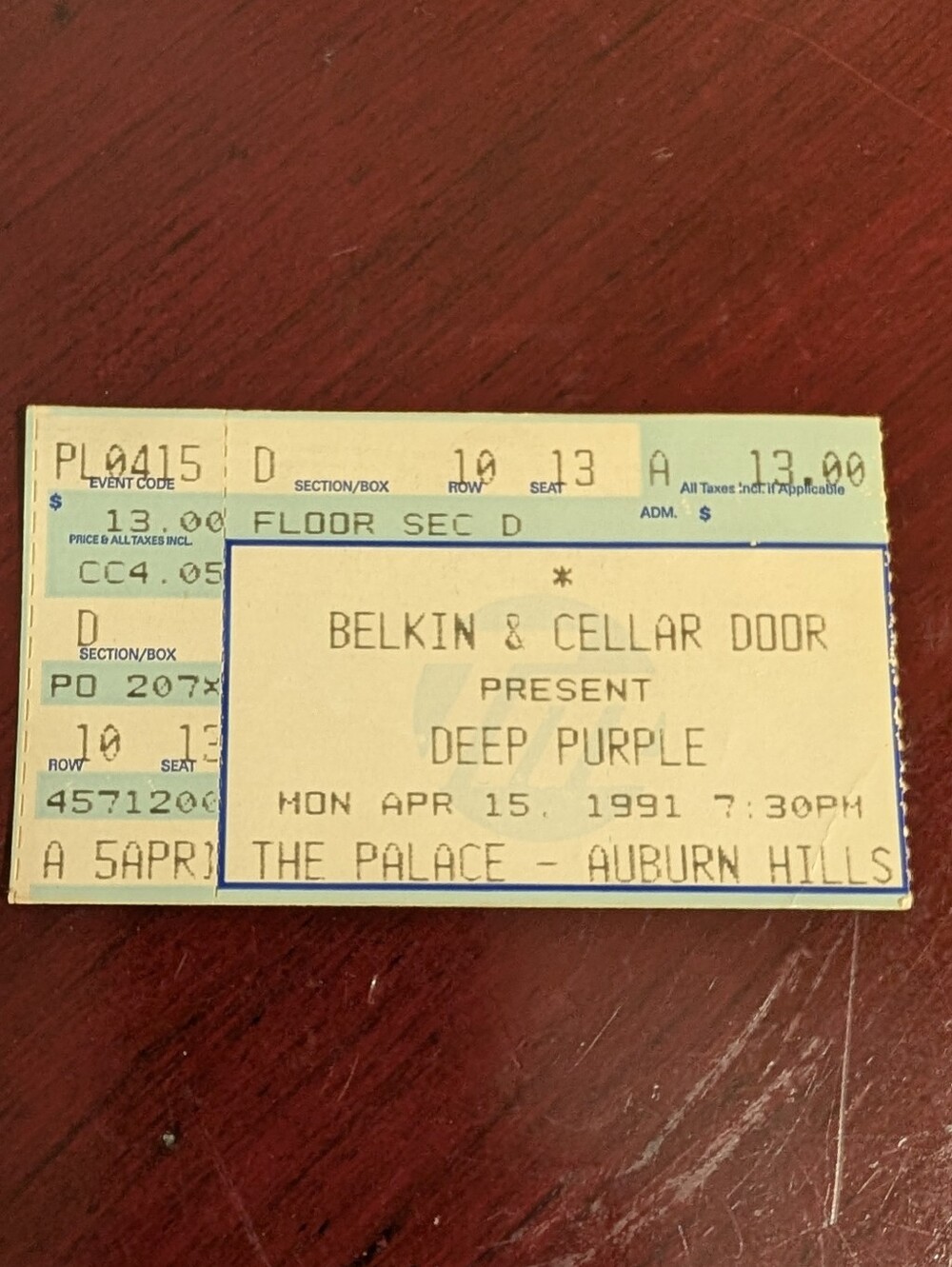 1991 DEEP PURPLE CONCERT TICKET STUB THE PALACE AUBURN HILLS Floor Sec. D